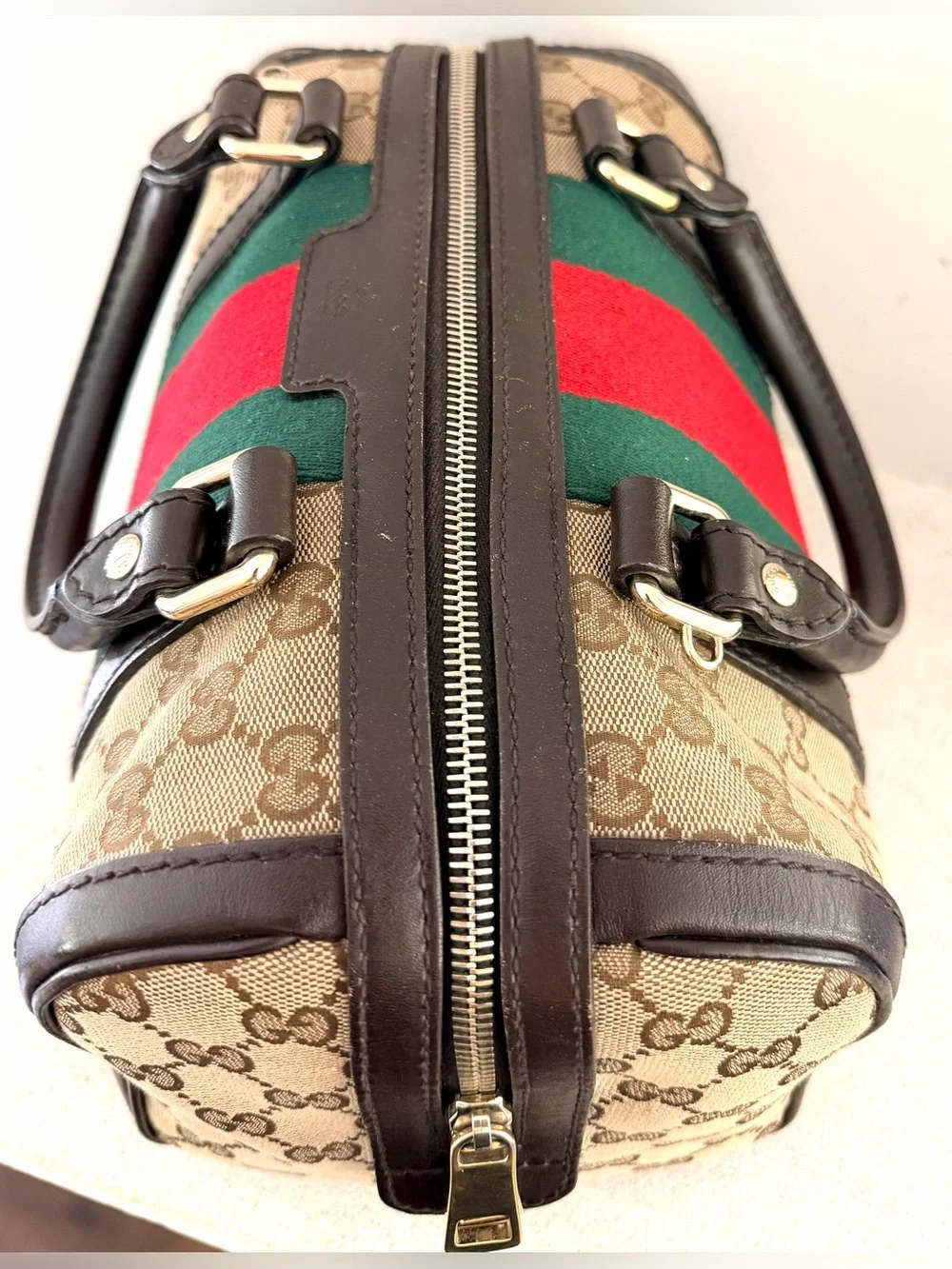 GUCCI Small Joy Boston Bag GG Canvas Web Stripe Satchel Italy